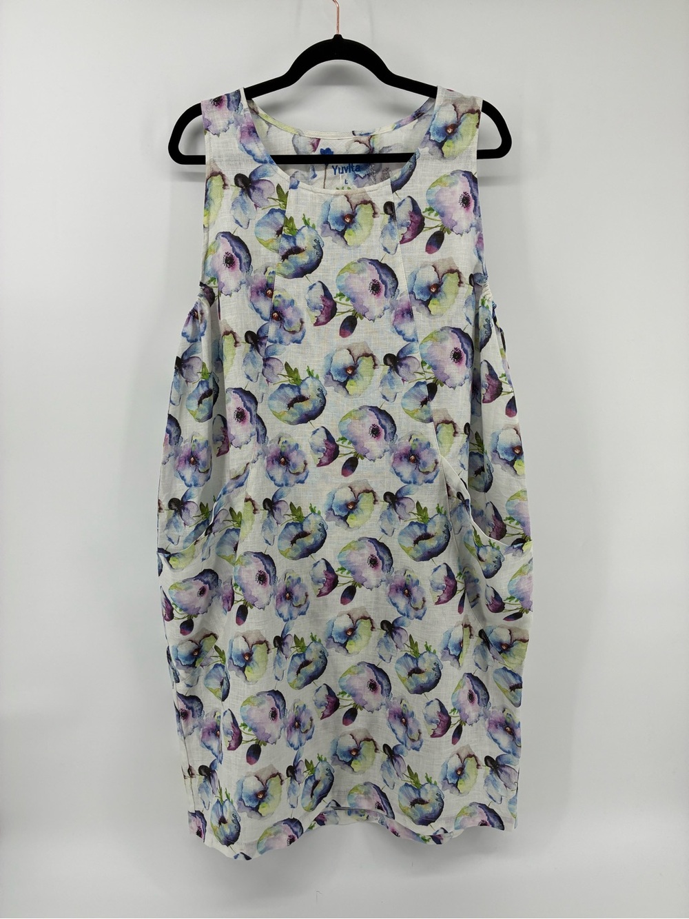Yuvita 100% Linen Women’s Floral Sleeveless Shift Dress - Lavender Multi
